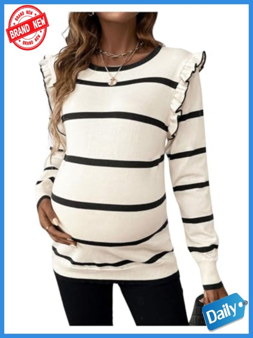 Striped Maternity Sweater Long Sleeve Ruffle Crew Neck Pullover